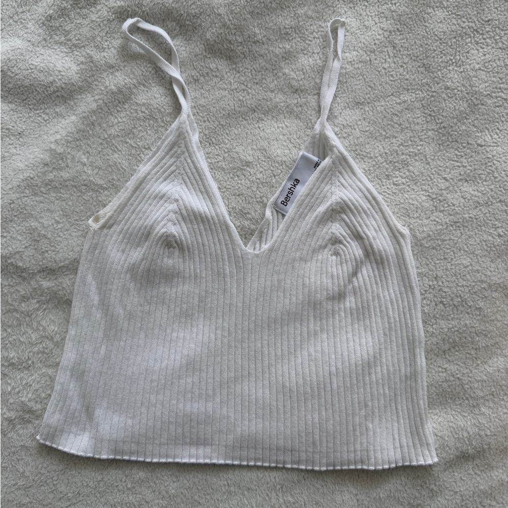 Bershka White Ribbed V-Neck Cami